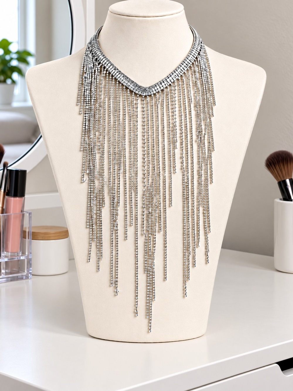 Silver Fringe Collar Necklace - Statement Women’s Jewelry